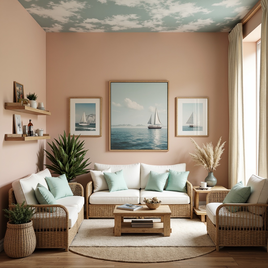 Prompt: Soft peach walls, creamy whites, calming blues, minty freshness, natural wood accents, woven sea grass textures, driftwood furniture, ocean-inspired artwork, gentle waves patterns, cloudy sky ceiling, warm sandy floors, plush area rugs, nautical ropes decorations, vintage sailing elements, distressed finishes, cozy reading nooks, serene ambiance, softbox lighting, 1/2 composition, realistic fabrics, ambient occlusion.