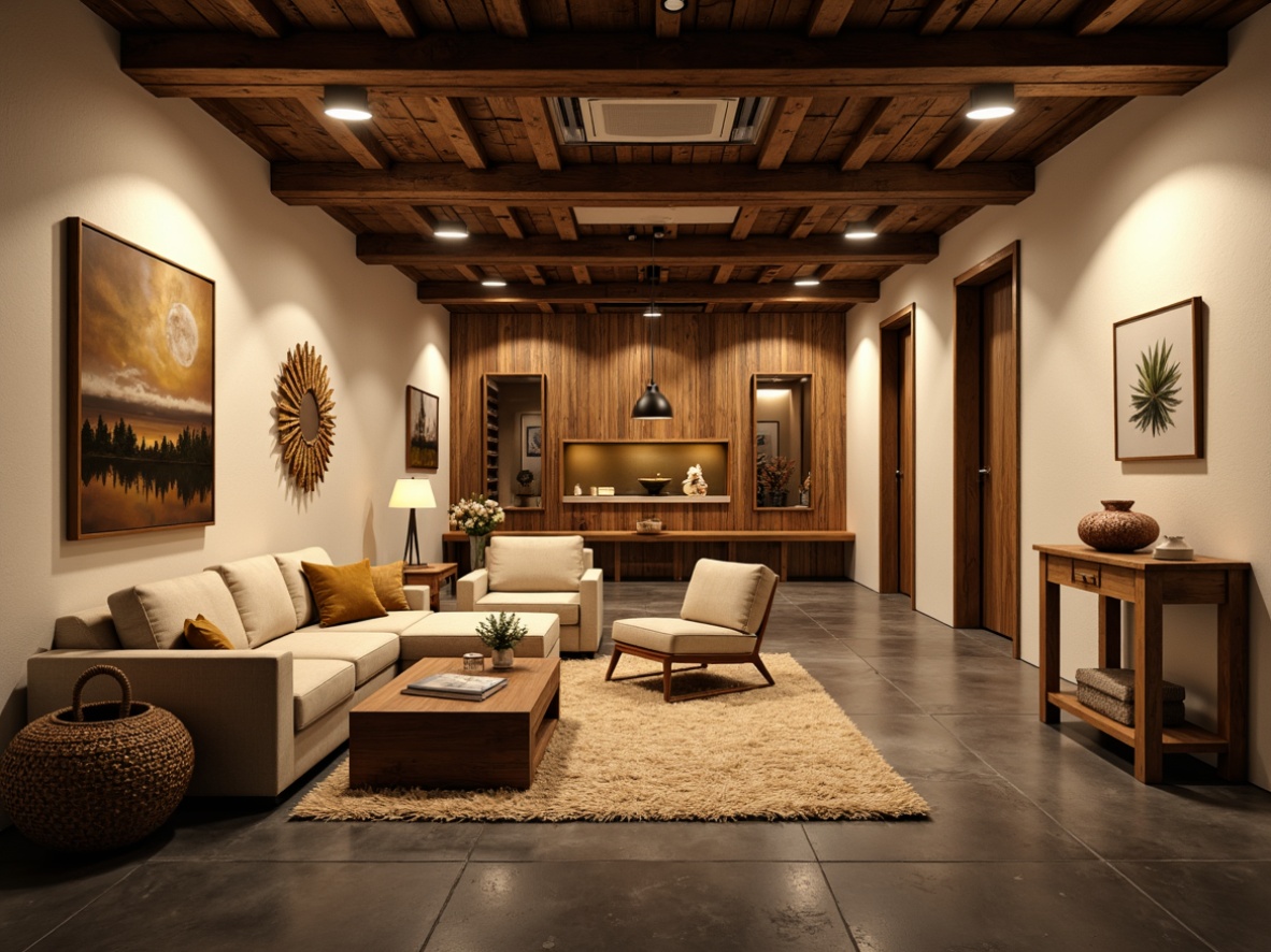 Prompt: Cozy basement, warm earthy tones, rich wood accents, soft cream walls, dark grey stone flooring, recessed lighting, comfortable seating areas, natural textiles, woven baskets, industrial metal beams, modern minimalist decor, urban loft atmosphere, warm golden lighting, shallow depth of field, 2/3 composition, realistic textures, ambient occlusion.