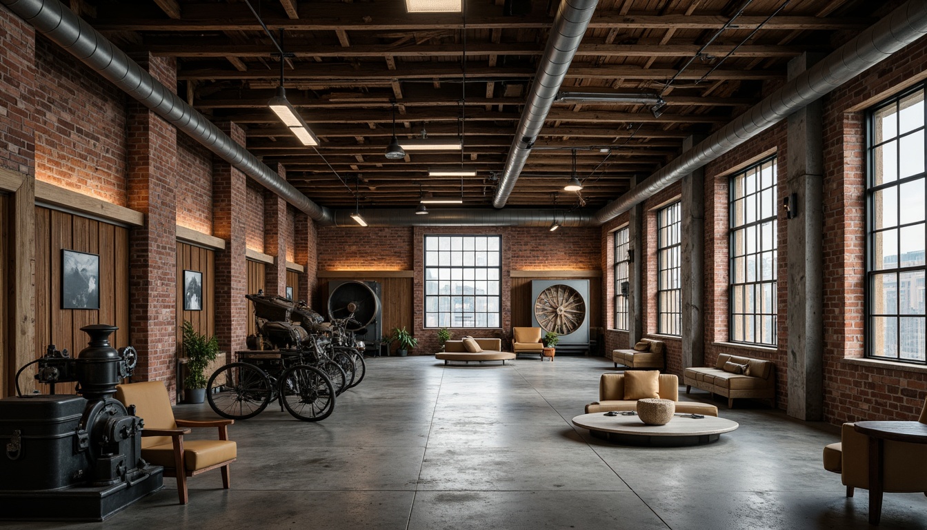 Prompt: Rustic industrial warehouse, exposed brick walls, metal beams, reclaimed wood accents, distressed concrete floors, urban cityscape, abandoned factory atmosphere, vintage machinery, steel pipes, industrial lighting fixtures, modern minimalist decor, functional furniture, neutral color palette, warm ambient lighting, shallow depth of field, 1/2 composition, gritty textures, cinematic mood.