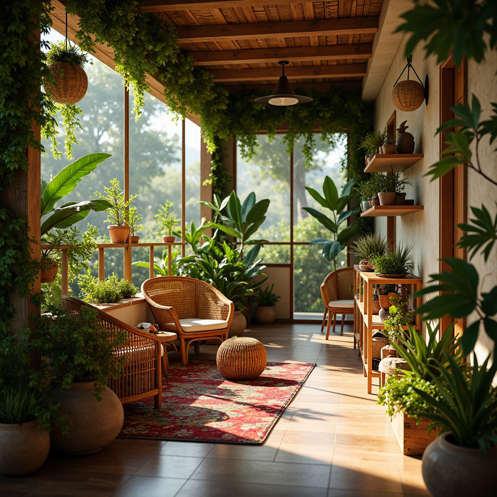 Prompt: Vibrant tropical craft room, lush greenery, exotic flowers, natural wood accents, woven rattan furniture, colorful textiles, eclectic decorative items, warm golden lighting, shallow depth of field, 3/4 composition, panoramic view, realistic textures, ambient occlusion.