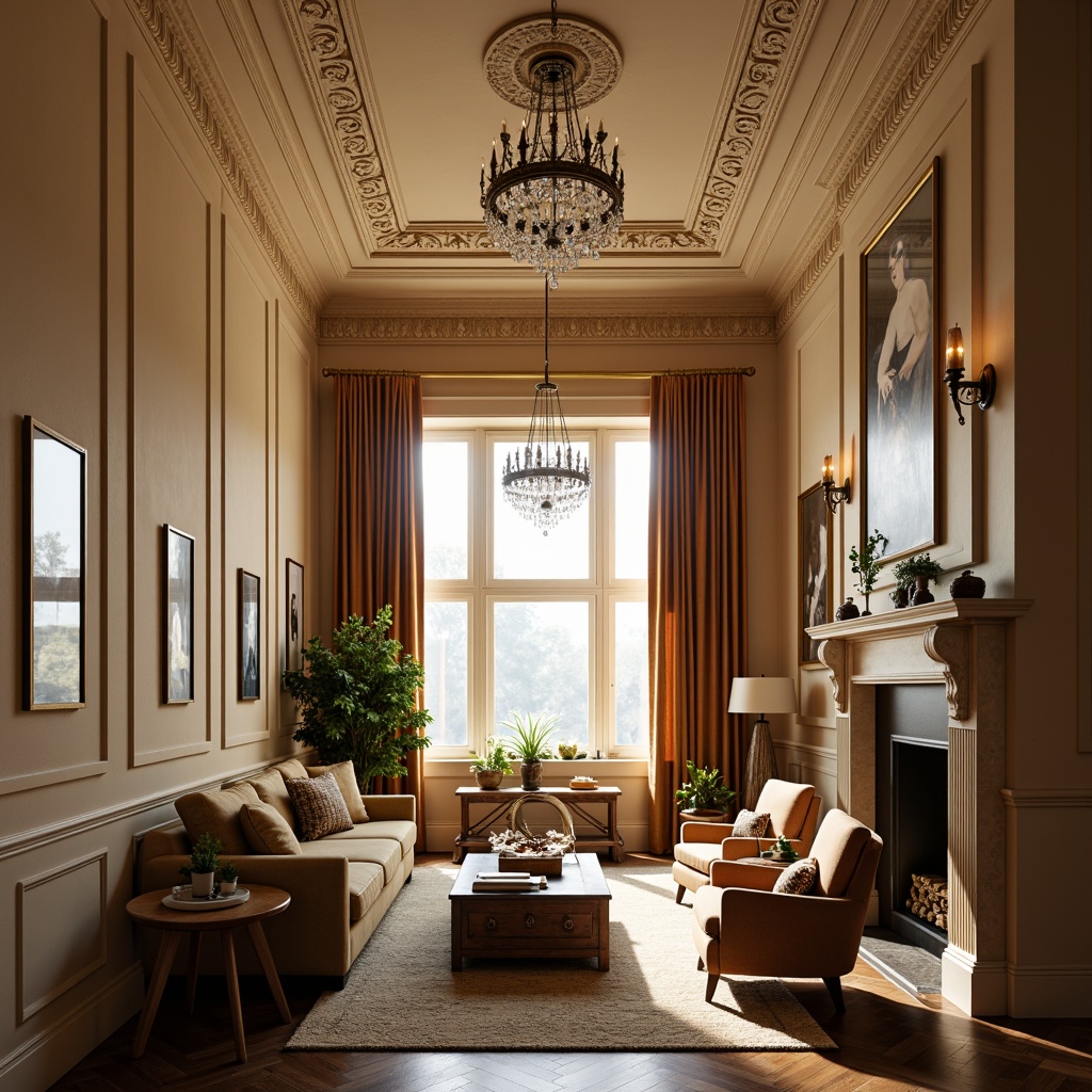 Prompt: Cozy family room, neoclassical style, warm beige walls, elegant crown molding, ornate ceiling details, luxurious chandeliers, crystal drop lighting fixtures, bronze sconces, table lamps with silk shades, floor-to-ceiling windows, natural light pouring in, soft warm glow, afternoon sun, 1/2 composition, intimate atmosphere, realistic textures, ambient occlusion.