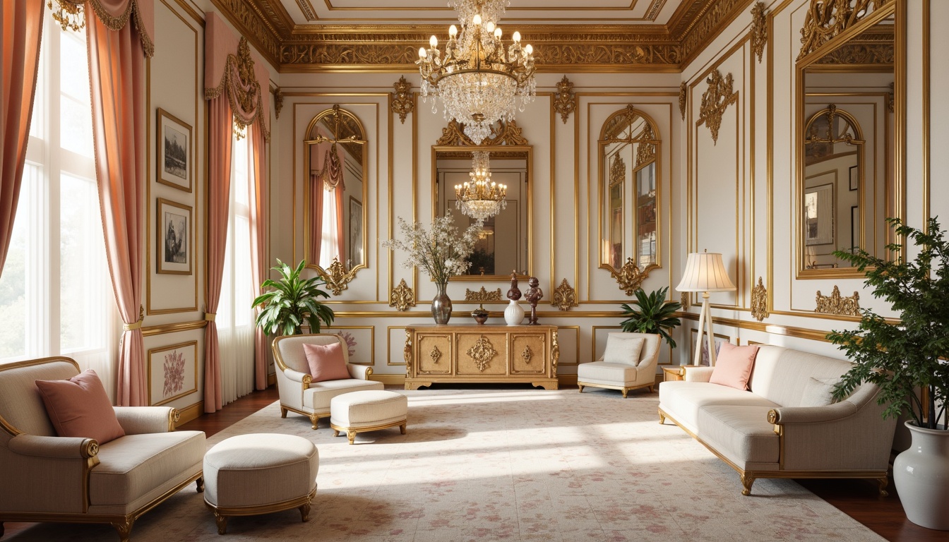 Prompt: Luxurious Rococo interior, soft golden lighting, ornate mirrors, delicate furnishings, velvet drapes, intricate carvings, pastel color scheme, pale pink accents, baby blue undertones, creamy whites, rich wood tones, subtle sheen, ornamental patterns, Baroque influences, grandiose architecture, opulent textures, lavish decorations, dramatic chandeliers, warm beige backgrounds, soft peach hues, elegant lines, refined sophistication.