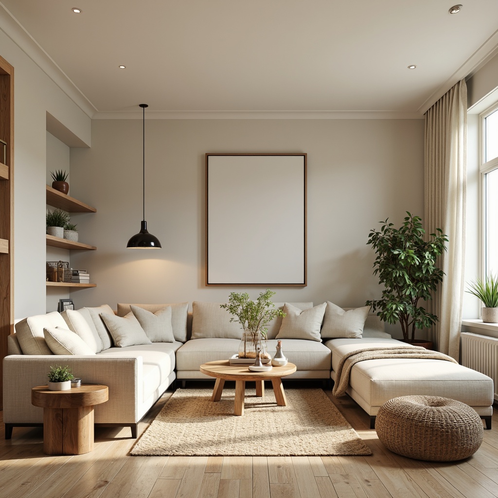 Prompt: Cozy living room, light-filled space, minimal ornamentation, Scandinavian-inspired furniture, sleek wooden floors, beige walls, cream-colored sofas, natural fiber rugs, industrial metal lamps, pendant lights, greenery accents, potted plants, modern minimalist decor, clean lines, simplicity emphasis, functional storage solutions, organized shelving units, Nordic-style color palette, warm neutral tones, soft diffused lighting, shallow depth of field, 1/1 composition, realistic textures, ambient occlusion.