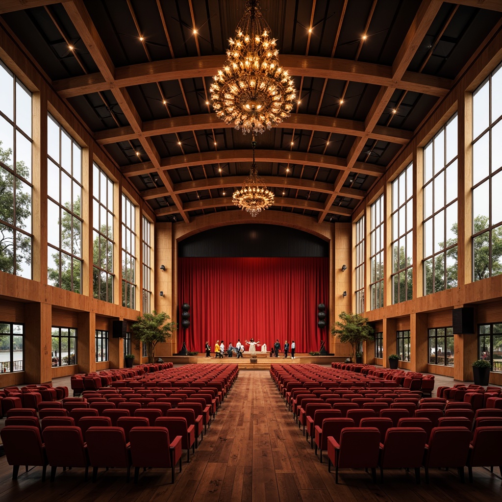 Prompt: Grand opera house, mid-century modern architecture, curved lines, minimal ornamentation, large glass windows, sleek metal frames, polished wooden floors, vibrant red stage curtains, ornate chandeliers, plush velvet seats, luxurious fabrics, warm golden lighting, shallow depth of field, 3/4 composition, panoramic view, realistic textures, ambient occlusion.