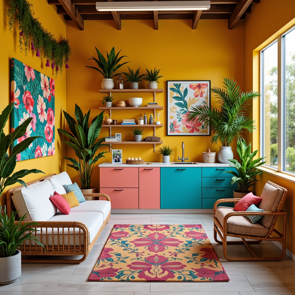 Prompt: Vibrant tropical craft room, bright floral patterns, warm wooden accents, natural woven fibers, rattan furniture, colorful tassel garlands, bold geometric textiles, lush greenery, exotic botanicals, sunny yellow walls, coral pink shelves, turquoise blue cabinets, creamy white floors, soft ambient lighting, relaxed coastal vibe, eclectic global decor, whimsical DIY projects.