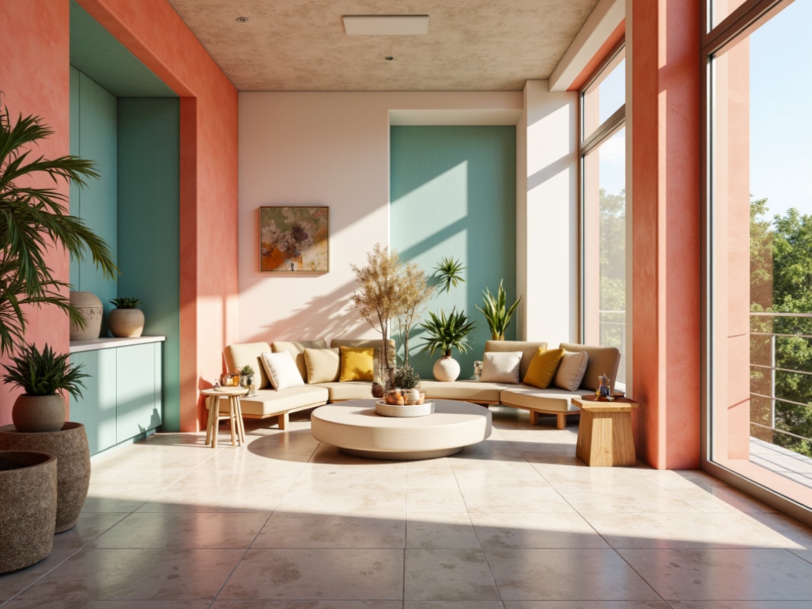 Prompt: Vibrant design studio, modern architecture, pastel color scheme, soft peach tones, creamy whites, rich turquoise accents, bold coral highlights, natural wood textures, sleek metal frames, minimalist decor, ample natural light, airy atmosphere, 3/4 composition, warm sunny day, shallow depth of field, realistic renderings, ambient occlusion.