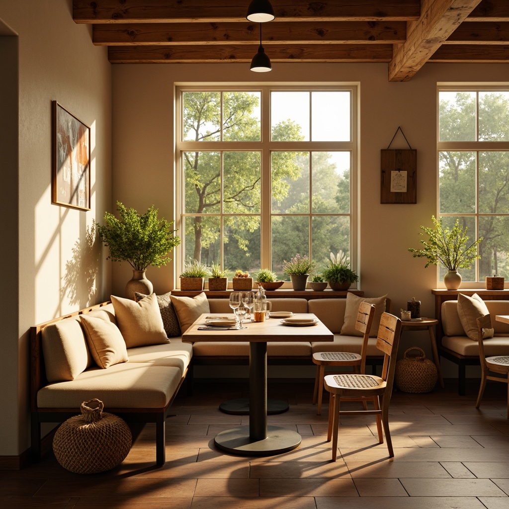 Prompt: Cozy breakfast nook, warm beige walls, soft natural lighting, rustic wooden tables, cushioned benches, woven baskets, ceramic vases, greenery plants, earthy tones, intimate atmosphere, comfortable seating, ample storage, sleek kitchen appliances, minimal decor, functional layout, efficient workflow, harmonious color palette, calming ambiance, 3/4 composition, shallow depth of field, warm golden lighting.