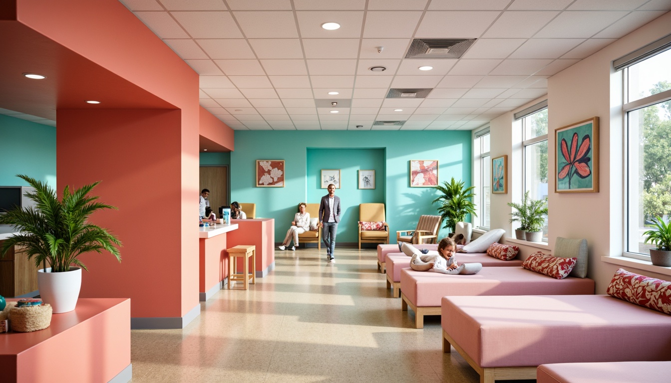 Prompt: Vibrant healthcare facility, playful color scheme, bold turquoise accents, bright coral walls, pastel pink furniture, creamy white ceilings, warm beige floors, eclectic mix of patterns, geometric shapes, abstract artwork, natural light pouring in through large windows, modernist architecture, sleek metal frames, minimalist decor, calming atmosphere, soft warm lighting, shallow depth of field, 3/4 composition, panoramic view, realistic textures, ambient occlusion.