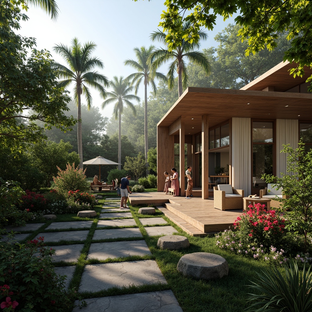 Prompt: Lush tropical garden, exotic palm trees, vibrant hibiscus flowers, natural stone pathways, wooden decking, modern minimalist architecture, large glass windows, sliding doors, bamboo accents, rattan furniture, colorful tiki torches, misty morning atmosphere, soft warm lighting, shallow depth of field, 3/4 composition, panoramic view, realistic textures, ambient occlusion.