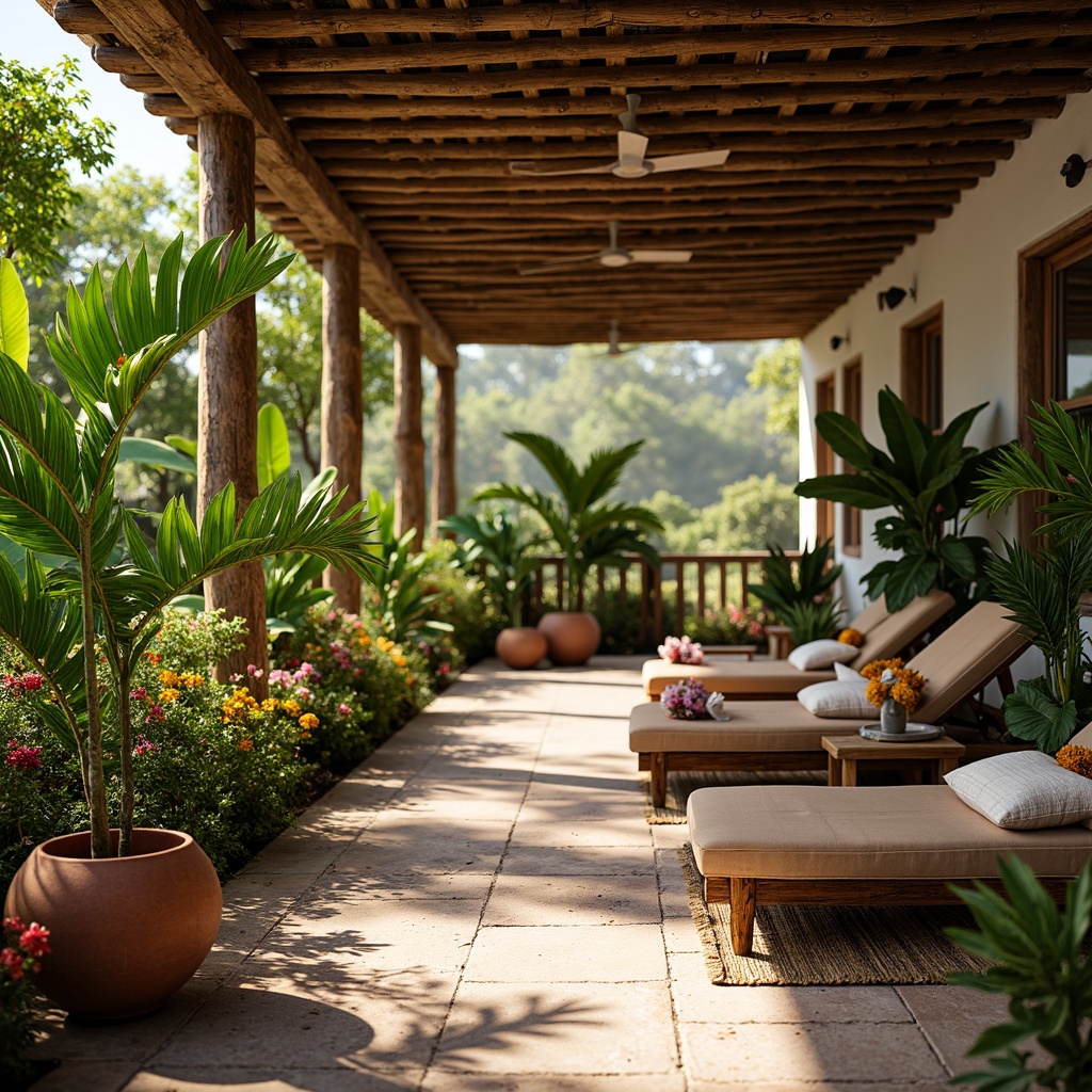 Prompt: Vibrant tropical leaves, exotic flowers, natural wood accents, woven rattan furniture, colorful tiki torches, rustic stone floors, distressed wood ceilings, earthy terracotta pots, lush greenery, bright sunny day, warm soft lighting, shallow depth of field, 1/1 composition, realistic textures, ambient occlusion.