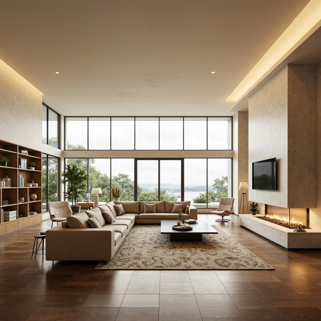 Prompt: Spacious great room, sectional sofas, sleek coffee tables, minimalist decor, soft warm lighting, creamy beige walls, polished hardwood floors, floor-to-ceiling windows, panoramic views, modern fireplace, geometric-patterned rugs, conversational seating areas, functional furniture pieces, floating shelves, greenery displays, natural textiles, airy atmosphere, shallow depth of field, 1/2 composition, realistic renderings.