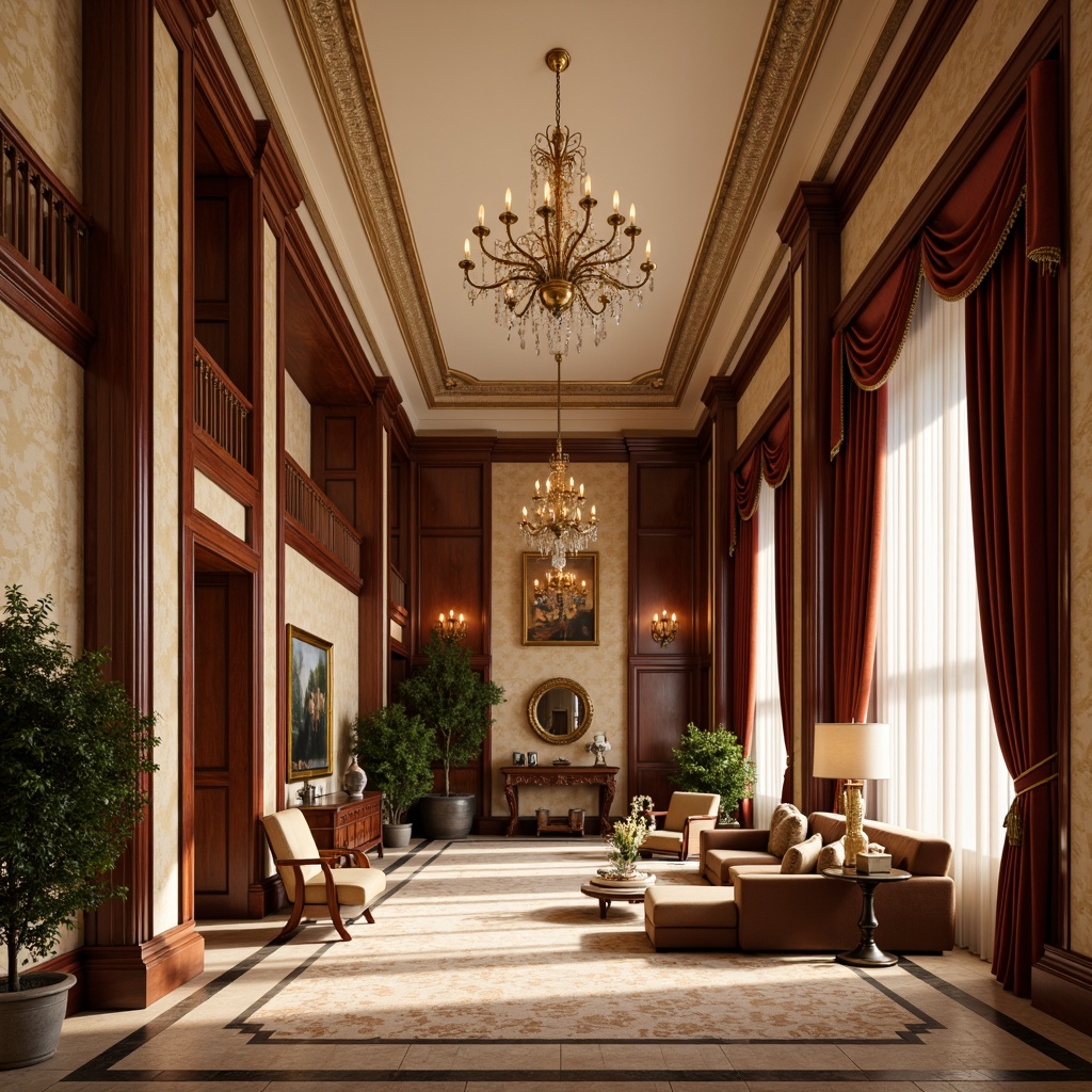 Prompt: Luxurious hotel lobby, rich wood paneling, ornate moldings, velvet drapes, golden chandeliers, cream-colored walls, classic wallpaper patterns, intricate ceiling designs, lavish furnishings, plush carpets, warm earthy tones, soft diffused lighting, shallow depth of field, 1/2 composition, realistic textures, ambient occlusion.