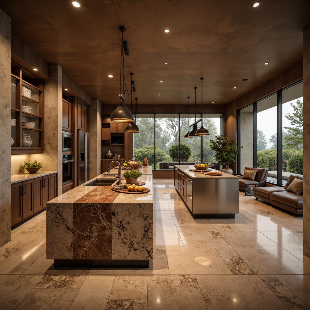 Prompt: Luxurious interior design, granite countertops, durable stone surfaces, earthy brown tones, natural textures, high-gloss finish, modern kitchen islands, sleek cabinetry, stainless steel appliances, pendant lighting, warm ambient illumination, shallow depth of field, 1/1 composition, realistic reflections, ambient occlusion.