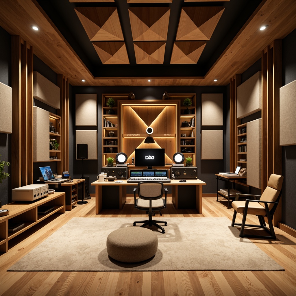 Prompt: Modern recording studio, soundproofed walls, acoustic panels, wooden diffusers, triangular bass traps, fabric-wrapped absorption panels, minimalist d\u00e9cor, professional audio equipment, condenser microphones, high-quality headphones, ergonomic mixing console, LED lighting, dimmable ambiance, cozy atmosphere, precise sound control, optimal reverberation time, clear vocal recordings, crisp instrumental sounds, accurate sound reproduction, 3/4 composition, shallow depth of field, warm natural lighting.