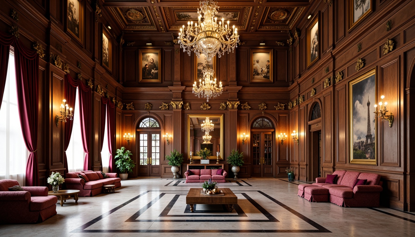 Prompt: Luxurious Renaissance-style interior, grand ornate furnishings, rich velvet drapes, intricately carved wooden paneling, elegant chandeliers, ornate mirrors, lavish marble floors, soft warm lighting, 3/4 composition, shallow depth of field, panoramic view, realistic textures, ambient occlusion, majestic columns, archways, vaulted ceilings, symmetrical layout, harmonious color palette, golden accents, opulent fabrics, refined accessories.