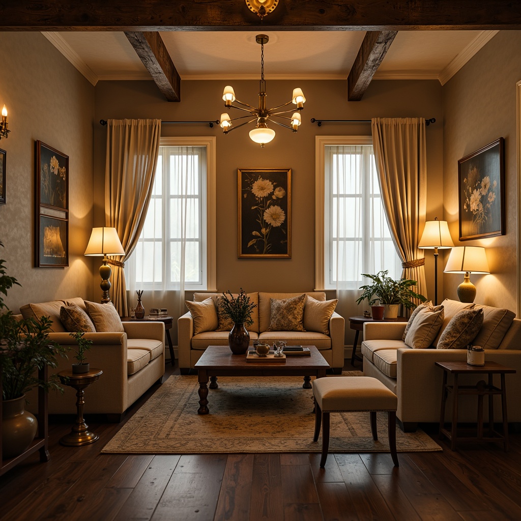 Prompt: Cozy living room, warm beige walls, comfortable sofas, wooden coffee table, soft cushions, elegant chandeliers, dimmable floor lamps, warm white lighting, subtle shadows, relaxed atmosphere, rustic wood accents, vintage rug, golden metal fixtures, ornate ceiling details, intimate seating areas, layered window treatments, natural fiber textiles, warm color palette, ambient glow, 1/2 composition, shallow depth of field, realistic rendering.