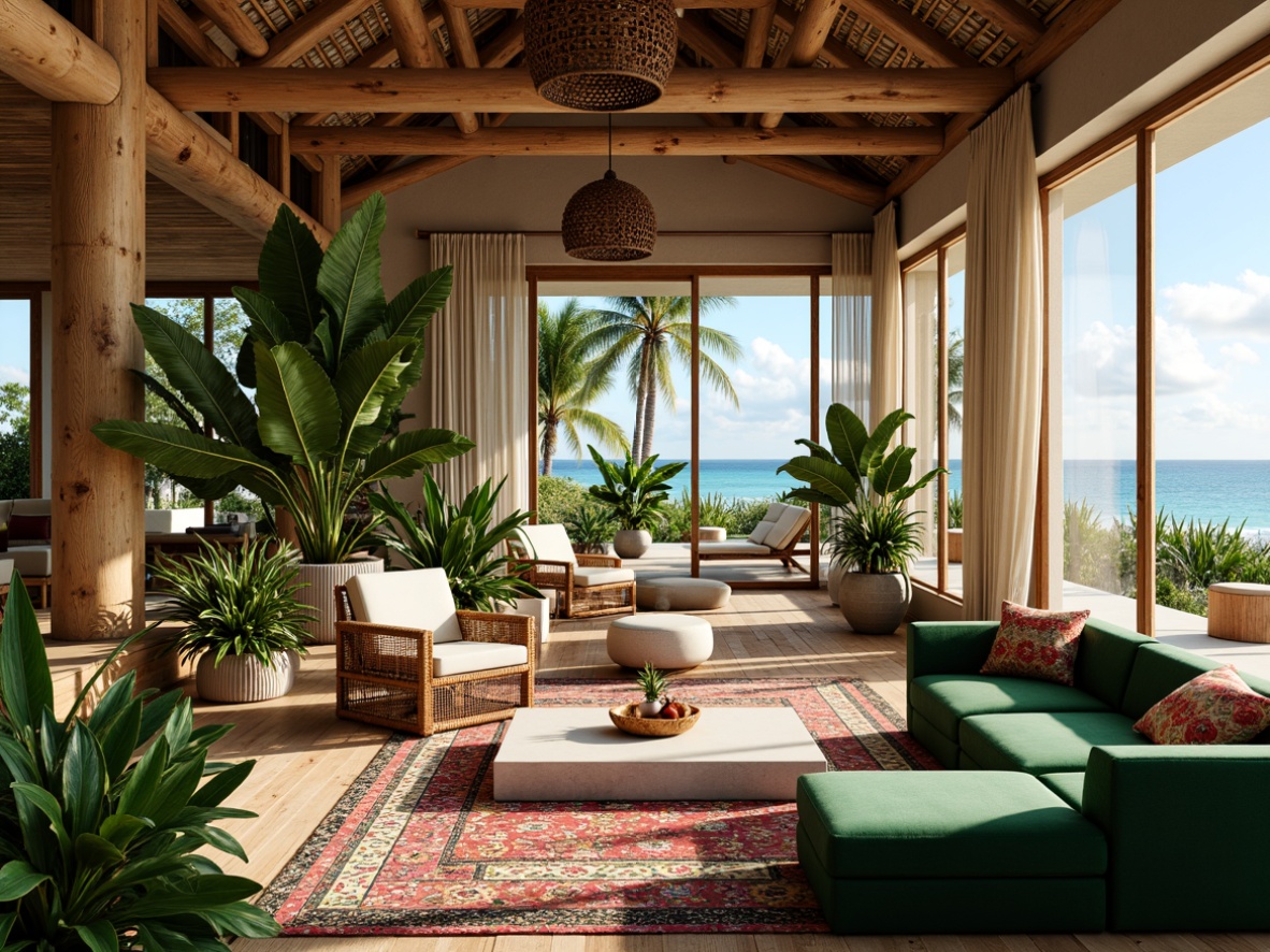 Prompt: Vibrant tropical plants, natural wood accents, woven rattan furniture, plush green velvet sofas, colorful tribal patterns, eclectic global decor, airy open spaces, high ceilings, sliding glass doors, ocean views, warm sunny days, soft diffused lighting, shallow depth of field, 1/1 composition, realistic textures, ambient occlusion.