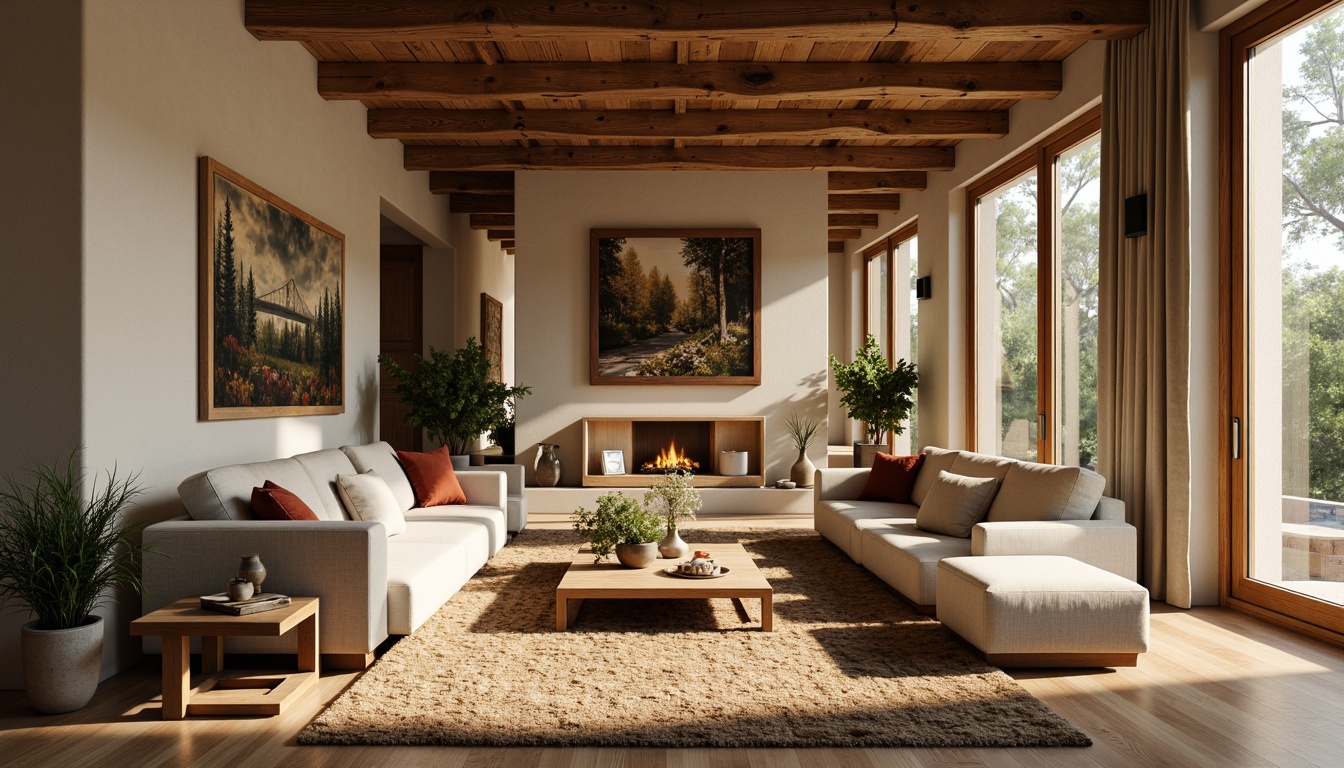 Prompt: Cozy great room, warm beige walls, tactile textures, inviting atmosphere, rustic wooden accents, plush area rugs, comfortable sofas, nature-inspired artwork, floor-to-ceiling windows, soft diffused light, 1/2 composition, intimate seating areas, layered lighting effects, earthy color palette.