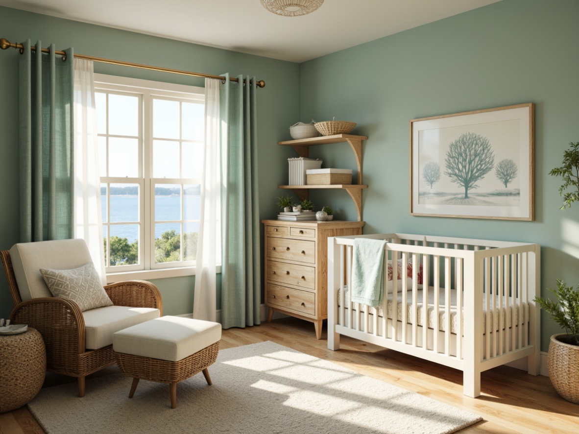 Prompt: Soothing coastal nursery, calming ocean views, serene beachy ambiance, gentle seafoam green walls, creamy white furniture, driftwood accents, soft sandy beige carpet, calming blue-gray curtains, natural woven textiles, vintage nautical decorations, distressed wood shelves, coral-inspired patterns, subtle shell motifs, warm golden lighting, shallow depth of field, 1/1 composition, intimate atmosphere, realistic textures, ambient occlusion.