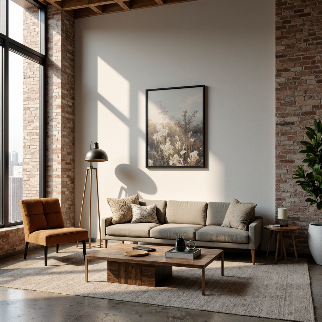 Prompt: Modern living room, sleek low-profile sofa, tufted velvet armchair, reclaimed wood coffee table, metallic floor lamp, abstract artwork, minimalist decor, large windows, natural light, urban loft apartment, industrial chic aesthetic, exposed brick walls, polished concrete floors, warm beige color scheme, cozy throw blankets, 3/4 composition, softbox lighting, realistic textures.