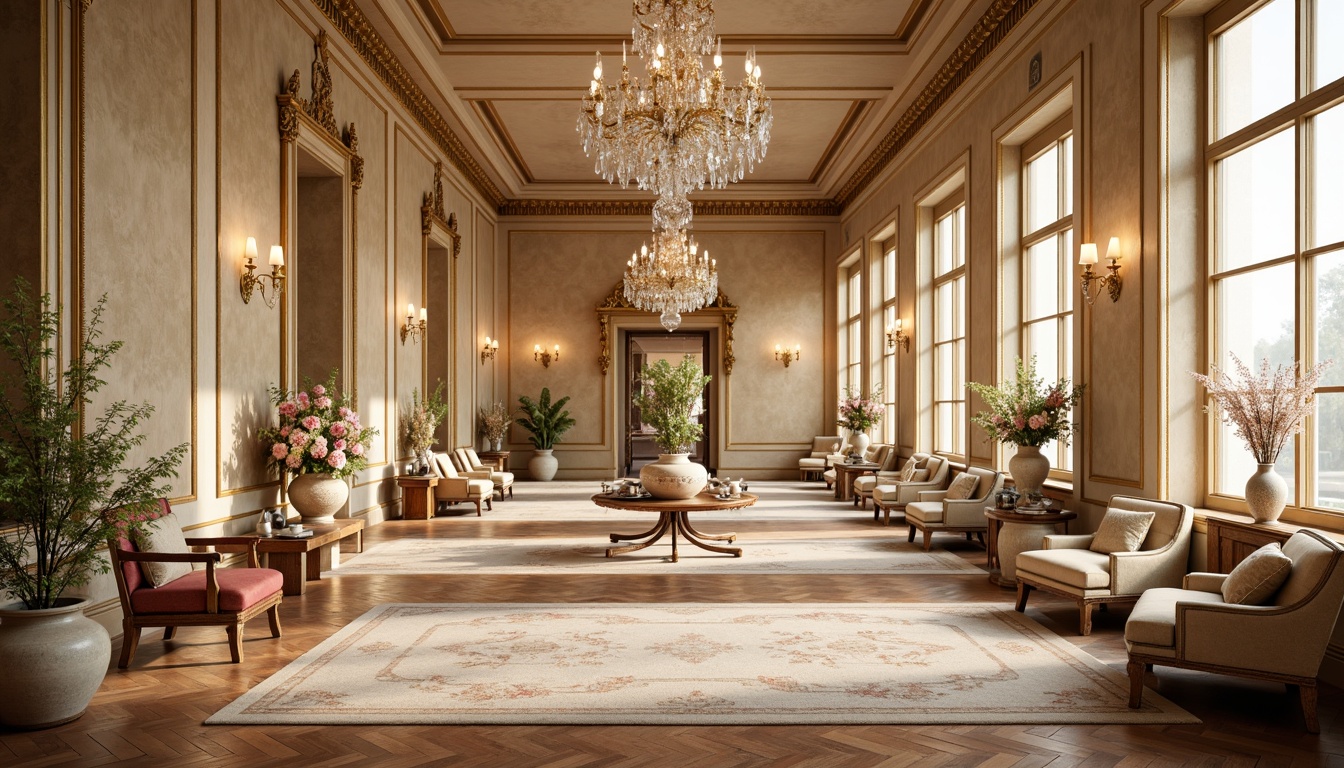 Prompt: Opulent palace interior, ornate gold accents, soft cream walls, rich velvet fabrics, lavish crystal chandeliers, delicate porcelain vases, intricate wood carvings, pastel-hued tapestries, lavish flower arrangements, warm candlelight, shallow depth of field, 1/1 composition, realistic textures, ambient occlusion.