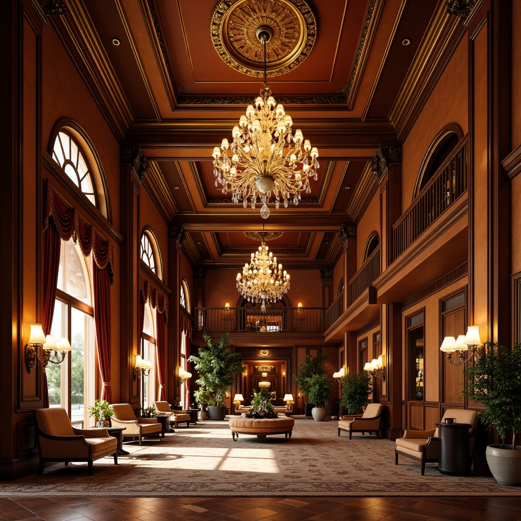 Prompt: Luxurious hotel lobby, ornate chandeliers, rich wood paneling, velvet drapes, antique furnishings, intricate carvings, gilded accents, warm golden lighting, plush carpets, elegant archways, stately columns, grand staircases, opulent fabrics, majestic curtains, classic patterns, sophisticated color palette, refined ambiance, soft focus, 1/2 composition, intimate atmosphere, realistic textures.