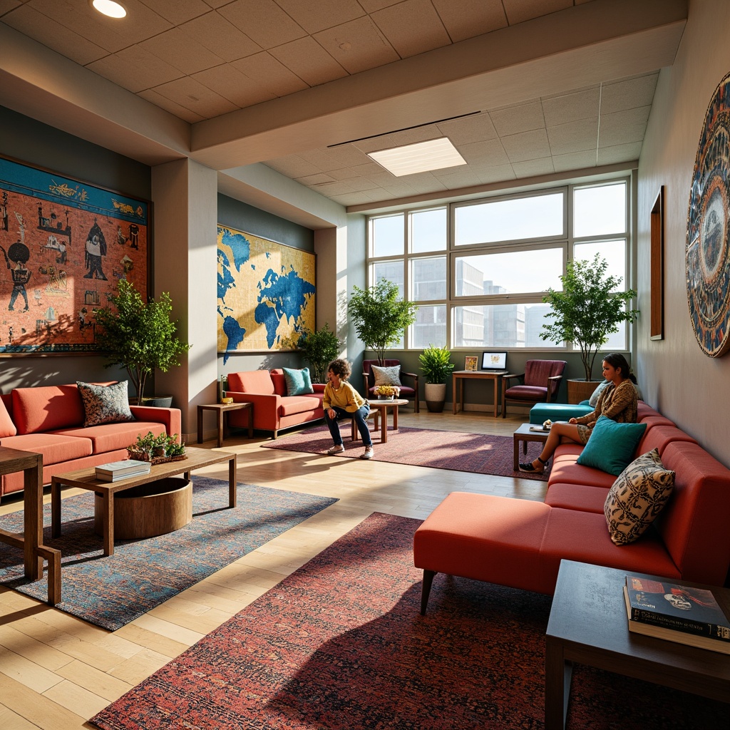 Prompt: Vibrant student hall, eclectic mix, mismatched furniture pieces, bold color schemes, textured rugs, plush throw pillows, reclaimed wood accents, industrial metal tables, modern minimalist chairs, vintage decorative items, global cultural influences, Moroccan-inspired tiles, Indian-print fabrics, African-motif wall art, natural light pouring in, large windows, cozy reading nooks, soft warm lighting, shallow depth of field, 1/1 composition, realistic textures, ambient occlusion.