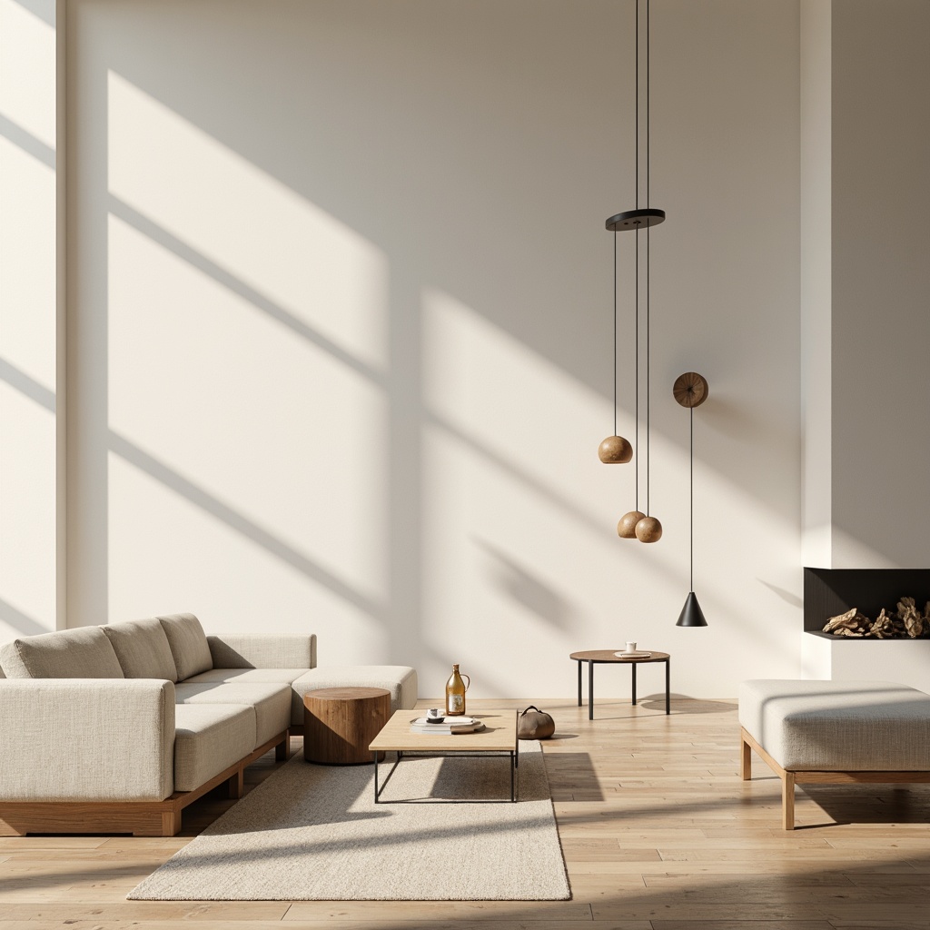 Prompt: Minimalist interior, neutral color palette, soft creamy whites, warm beige tones, pale grays, taupe accents, sleek metal frames, low-profile furniture, curved lines, geometric shapes, natural textiles, linen upholstery, wooden flooring, ambient lighting, soft shadows, 1/1 composition, shallow depth of field, realistic reflections.