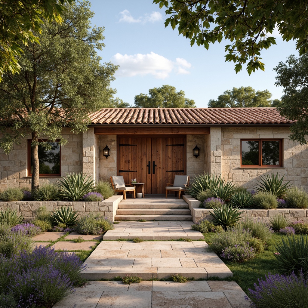 Prompt: Rustic farmhouse, Mediterranean villa, natural stone walls, reclaimed wood accents, earthy color palette, terracotta roof tiles, lush greenery, olive trees, blooming lavender, distressed wooden doors, wrought iron hinges, vintage metal lanterns, soft warm lighting, shallow depth of field, 3/4 composition, panoramic view, realistic textures, ambient occlusion.