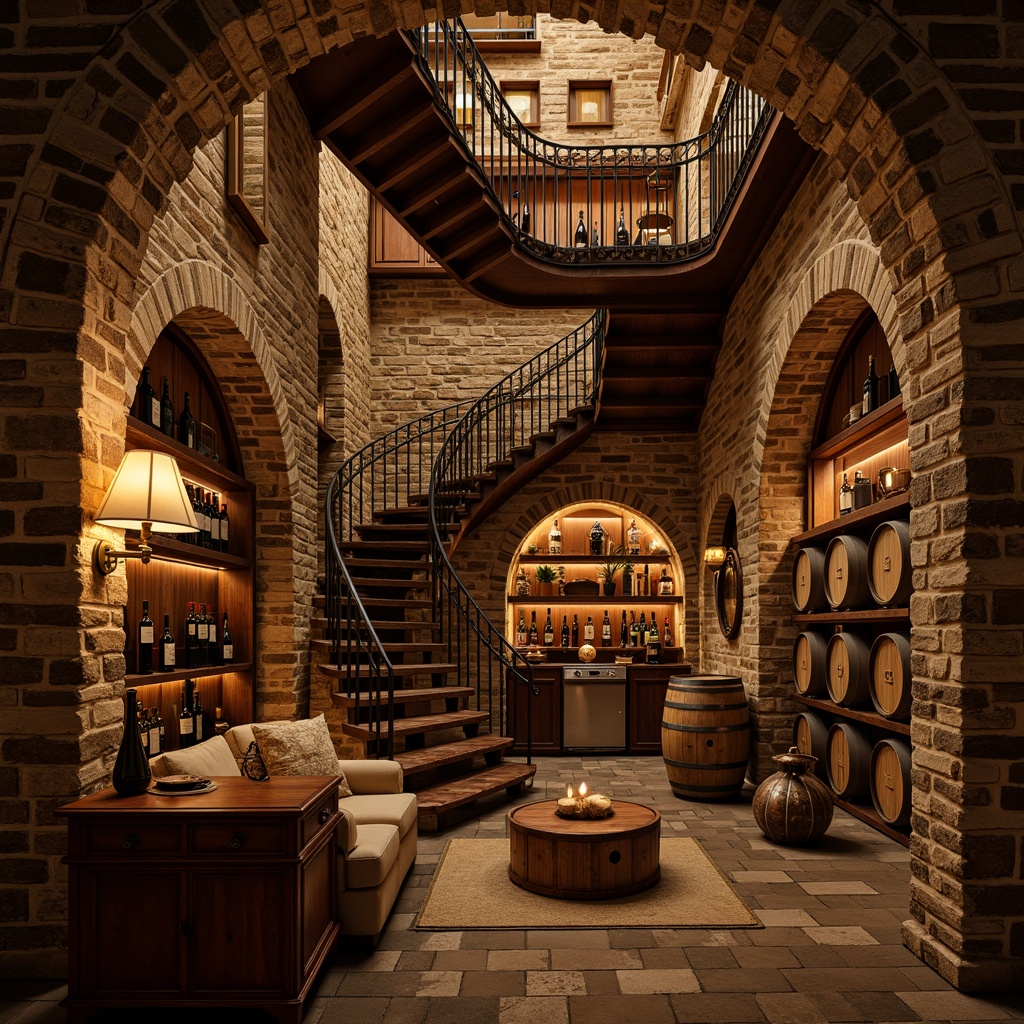 Prompt: Rustic wine cellar, stone walls, wooden barrels, dim warm lighting, ornate metalwork, rich wood tones, vintage wine crates, earthy aromas, underground ambiance, brick archways, curved staircases, classic European decor, lavish furnishings, soft candlelight, intimate seating areas, private tasting rooms, wooden tables, leather-bound books, antique wine-making equipment, natural stone floors, warm color palette, cozy atmosphere, shallow depth of field, 2/3 composition, realistic textures, ambient occlusion.