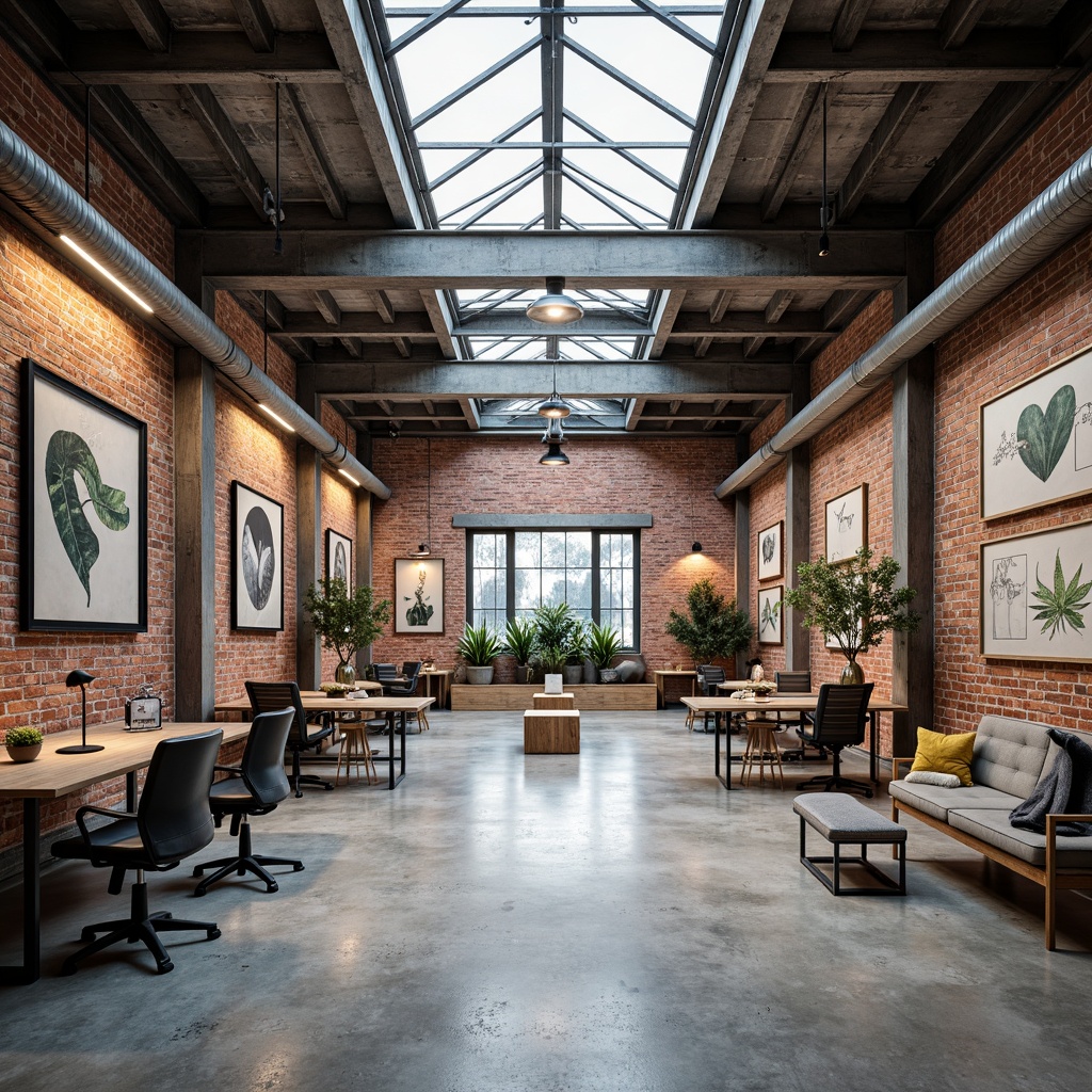 Prompt: Exposed brick walls, polished concrete floors, industrial metal beams, reclaimed wood accents, modern minimalist decor, abundant natural light, large skylights, open floor plan, flexible workspaces, collaborative areas, sleek metal furniture, ergonomic chairs, urban loft atmosphere, converted warehouse feel, distressed finishes, functional simplicity, rustic charm, warm task lighting, high ceilings, abstract art installations, greenery walls, airy ambiance, 3/4 composition, shallow depth of field, realistic textures.