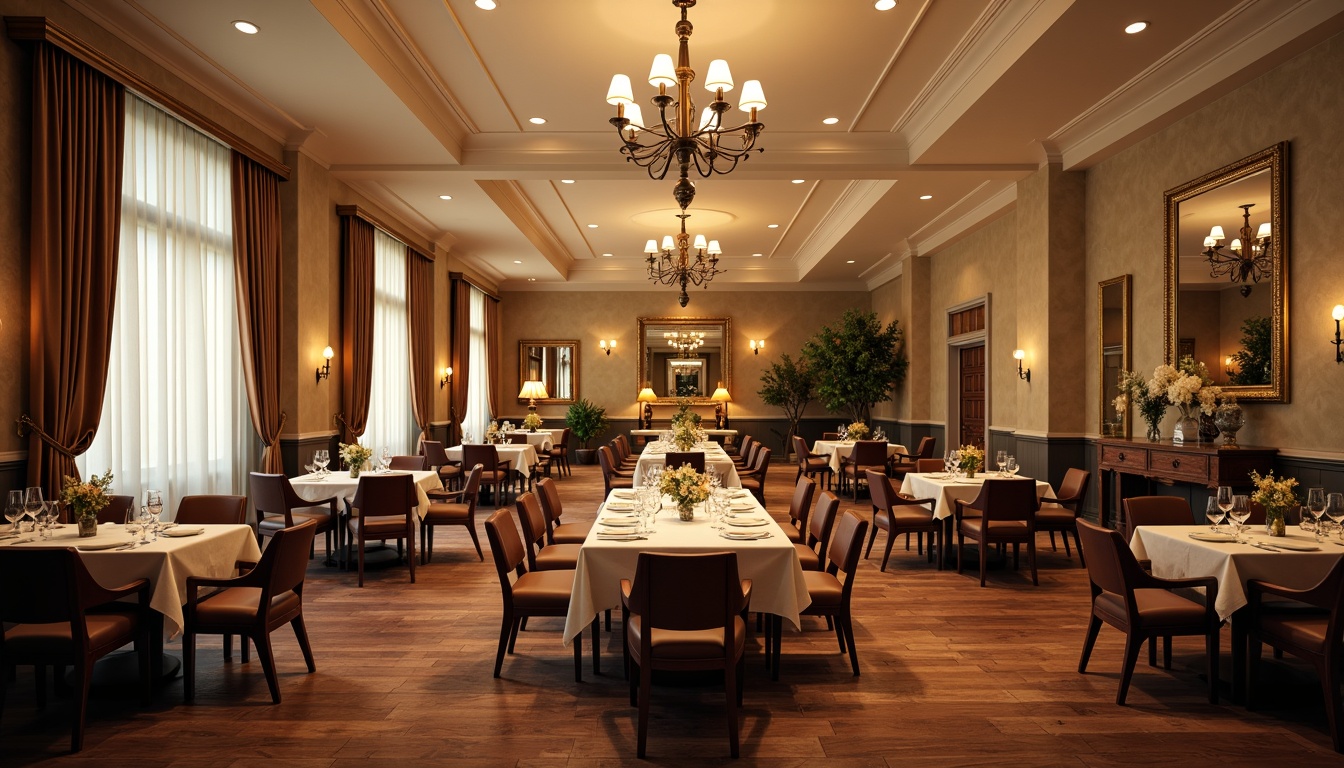 Prompt: Elegant dining hall, refined wooden furniture, ornate chandeliers, luxurious velvet drapes, warm beige walls, rich dark wood flooring, sophisticated gold accents, subtle cream tones, soft ambient lighting, shallow depth of field, 3/4 composition, realistic textures, warm inviting atmosphere.