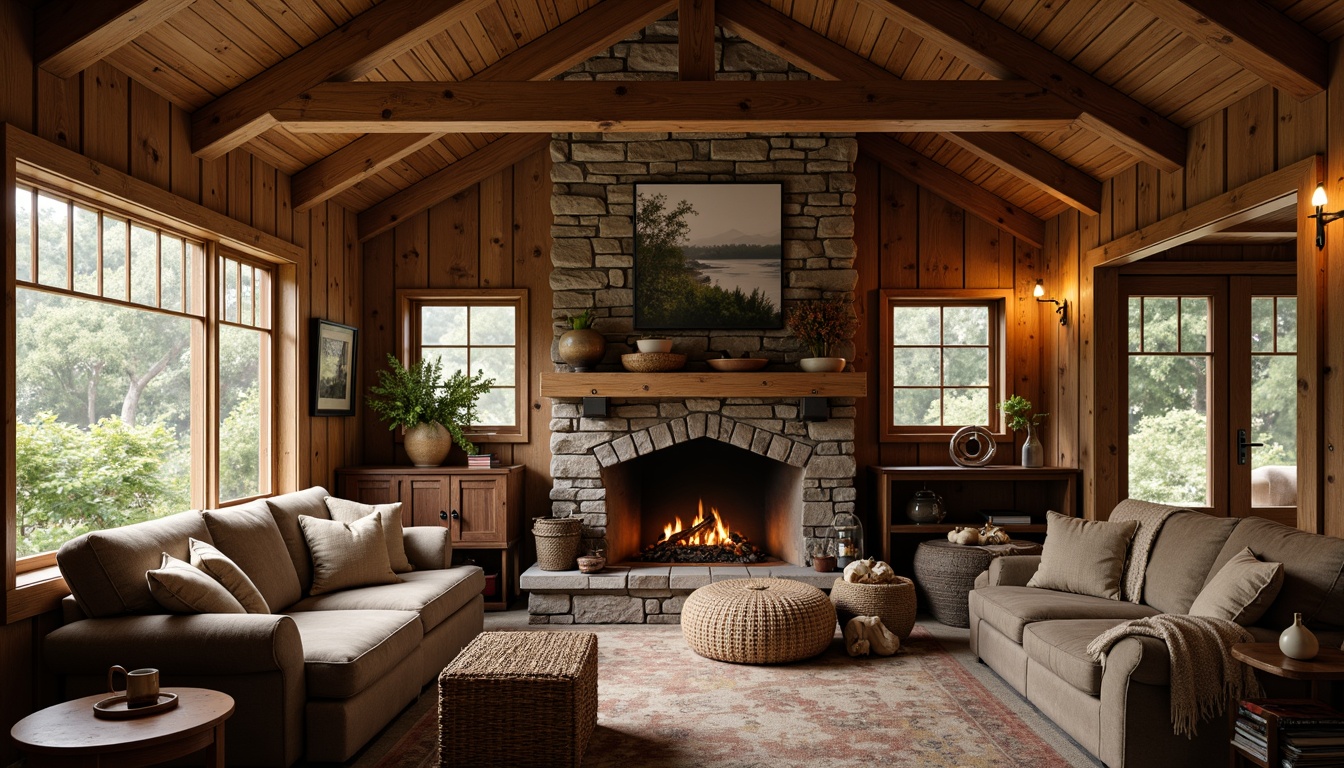 Prompt: Cozy cabin, reclaimed wood walls, earthy color palette, natural stone fireplace, plush furnishings, vintage decor, woven baskets, distressed metal accents, lantern-style lighting, wooden beams, comfortable seating areas, nature-inspired artwork, warm ambient lighting, shallow depth of field, 2/3 composition, rustic textures, soft focus effect.