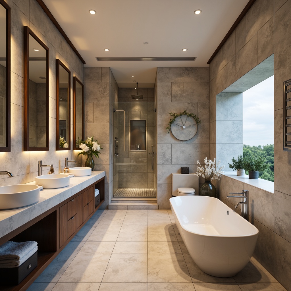 Prompt: Elegant bathroom, marble countertops, polished chrome fixtures, modern sink basins, wall-mounted faucets, rainfall showerheads, freestanding tubs, LED lighting, heated floors, glass tile backsplashes, natural stone walls, minimalist decor, luxurious textiles, spa-inspired ambiance, soft warm lighting, shallow depth of field, 1/2 composition, realistic reflections.