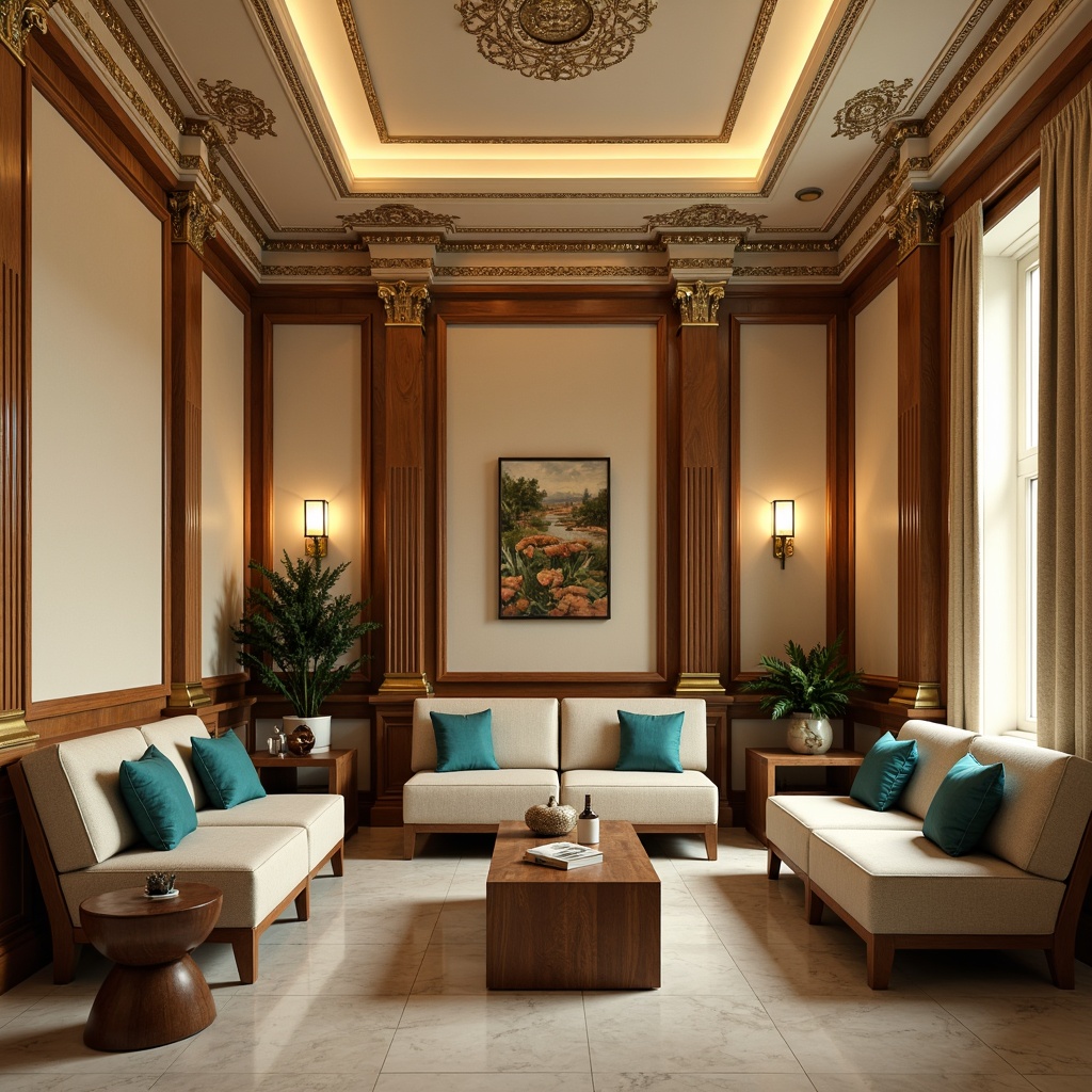 Prompt: Warm beige walls, rich walnut wood furniture, soft cream accents, elegant gold lighting fixtures, ornate plaster ceiling details, classic columns, refined marble flooring, plush velvet sofas, vibrant turquoise throw pillows, natural linen drapes, warm candlelight ambiance, shallow depth of field, 1/1 composition, realistic textures, ambient occlusion.