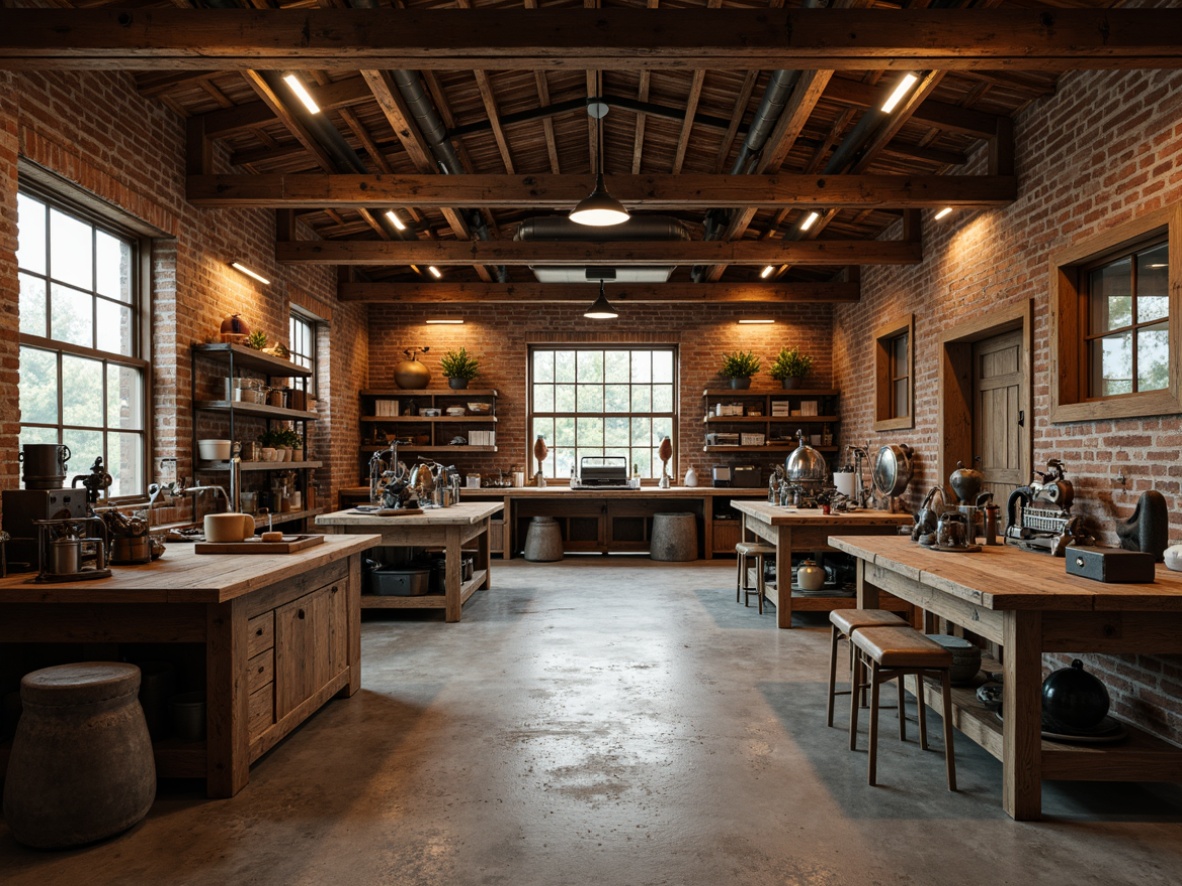 Prompt: Rustic workshop setting, distressed wooden beams, metal accents, industrial lighting fixtures, exposed brick walls, vintage machinery, wooden workbenches, toolboxes, metal stools, reclaimed wood shelves, earthy color palette, warm softbox lighting, shallow depth of field, 1/1 composition, realistic textures, ambient occlusion.