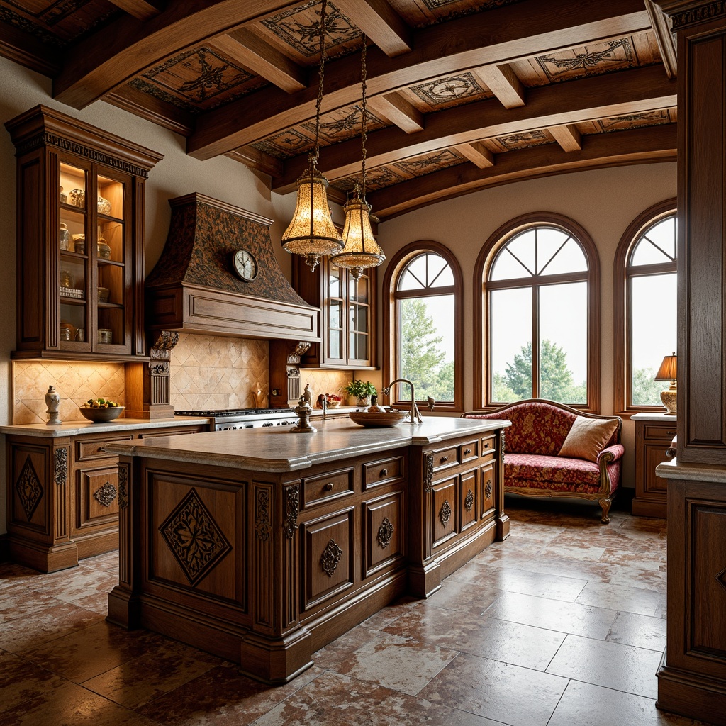 Prompt: Ornate kitchen island, intricately carved wooden cabinetry, gilded accents, ornamental mirrors, luxurious velvet upholstery, richly patterned marble countertops, crystal chandeliers, elegant curved lines, antique bronze hardware, opulent fabrics, warm golden lighting, highly polished wood finishes, Baroque-inspired motifs, dramatic archways, lavish decorative elements, soft focus photography, shallow depth of field, 1/1 composition, realistic textures, ambient occlusion.