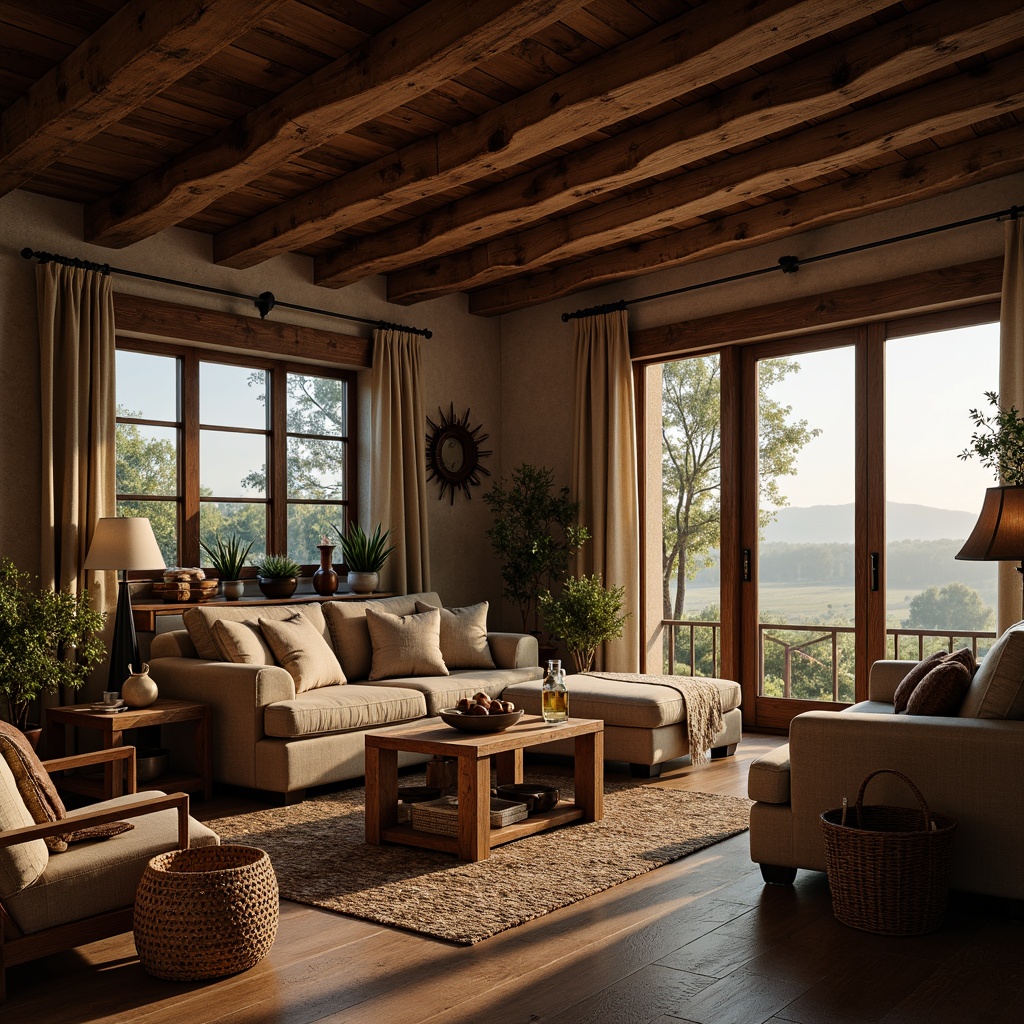 Prompt: Cozy living room, distressed wood furniture, vintage metal decor, earthy color palette, natural stone walls, wooden beam ceiling, warm candle lighting, plush textiles, woven baskets, antique artifacts, rural landscape views, misty morning atmosphere, soft golden light, shallow depth of field, 2/3 composition, realistic textures, ambient occlusion.