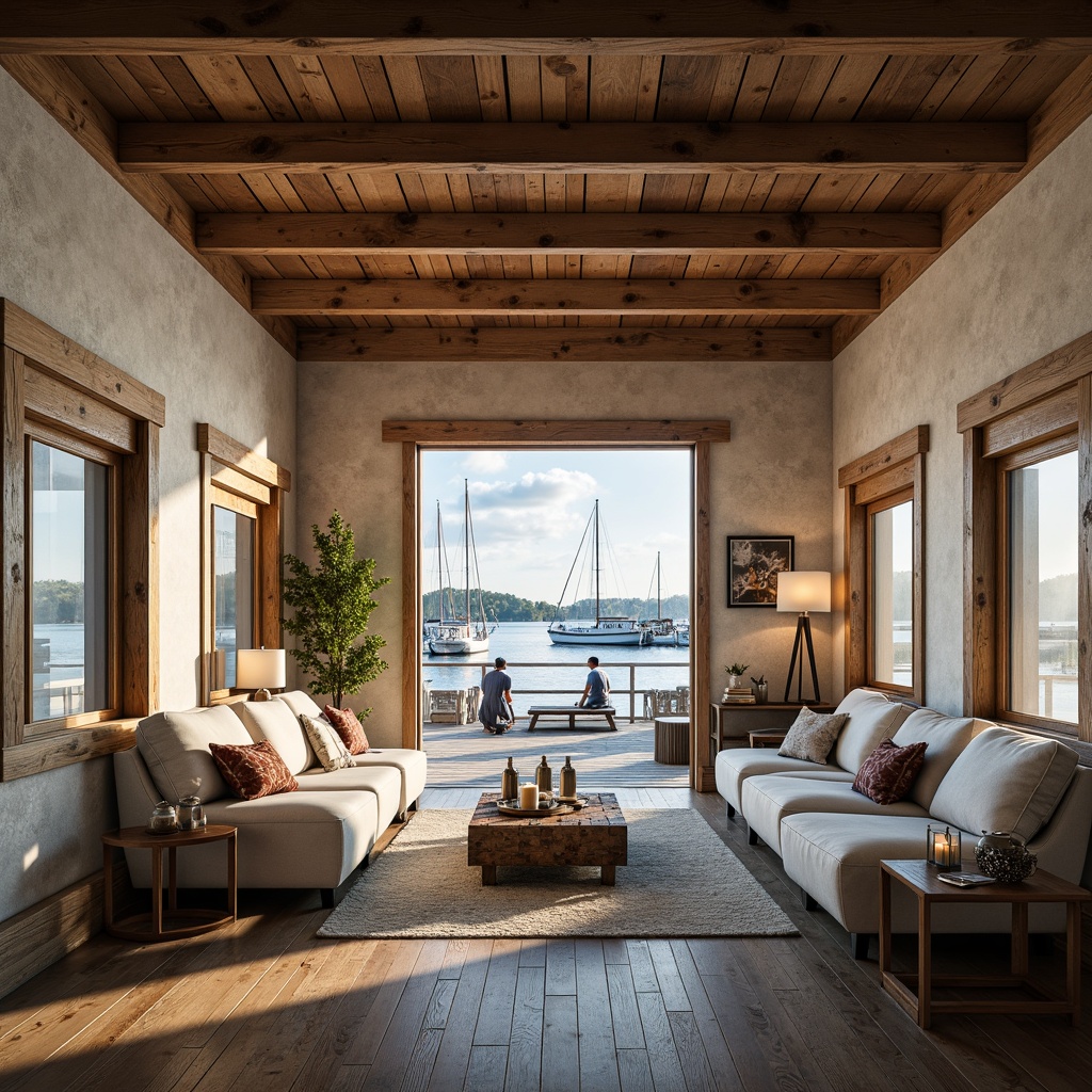 Prompt: Waterfront boathouse, rustic wooden accents, natural textures, soft beige walls, weathered wooden floors, vintage nautical decor, distressed finishes, calming blues, soothing whites, warm sandy neutrals, rich wood tones, cozy candlelight, subtle shine metals, ocean-inspired hues, serene atmosphere, shallow depth of field, 1/2 composition, warm golden lighting, realistic reflections.