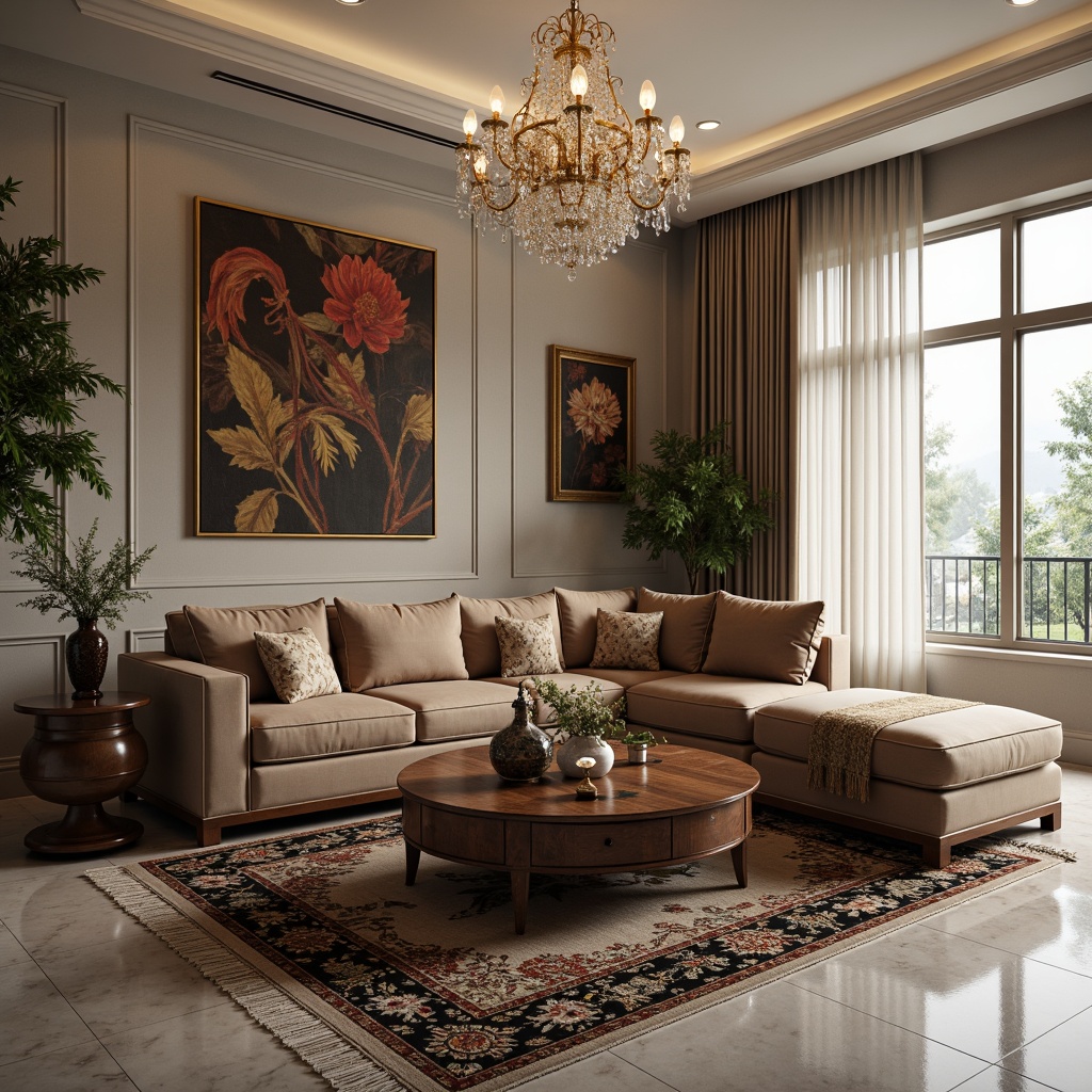 Prompt: Elegant living room, plush velvet sofa, ornate wooden coffee table, delicate porcelain vases, lavish crystal chandelier, rich tapestry rugs, statement wall art, floor-to-ceiling curtains, luxurious marble flooring, sophisticated neutral color palette, warm ambient lighting, shallow depth of field, 1/1 composition, realistic textures, soft focus effect.