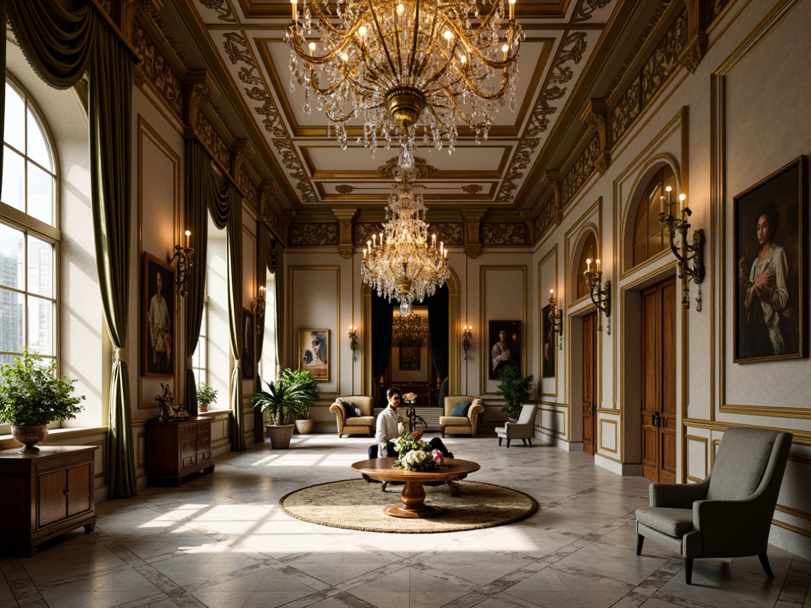 Prompt: \Grand neoclassical interior, ornate moldings, gilded details, rich velvet fabrics, marble floors, crystal chandeliers, soft warm lighting, 1/1 composition, realistic textures, ambient occlusion; earthy tones, mossy greens, creamy whites, golden yellows, deep blues, luxurious materials, intricate patterns, subtle shading, dramatic contrasts, opulent furnishings.\