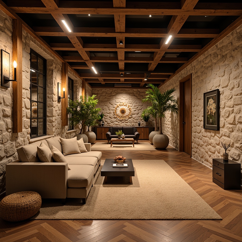 Prompt: Cozy basement interior, warm lighting, natural stone walls, rustic wooden accents, industrial-chic metal beams, plush area rugs, comfortable seating areas, intimate ambiance, rich wood tones, earthy color palette, epoxy resin flooring, polished concrete floors, luxurious carpeting, herringbone patterned hardwood, metallic epoxy coatings, soft underfoot feel, warm beige tones, inviting atmosphere, 1/1 composition, shallow depth of field, realistic textures.