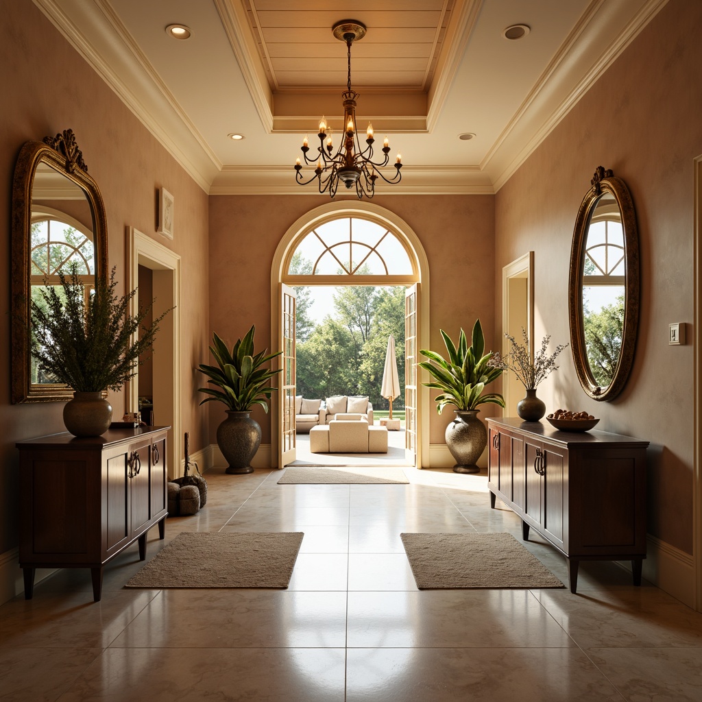 Prompt: Warm entrance hall, elegant chandelier, polished marble floor, soft cream walls, rich wood accents, luxurious furnishings, ornate mirrors, subtle patterned rugs, sophisticated ambiance, warm golden lighting, shallow depth of field, 1/1 composition, realistic textures, ambient occlusion, calming atmosphere, balanced color harmony, earthy tones, neutral background, bold accent colors.