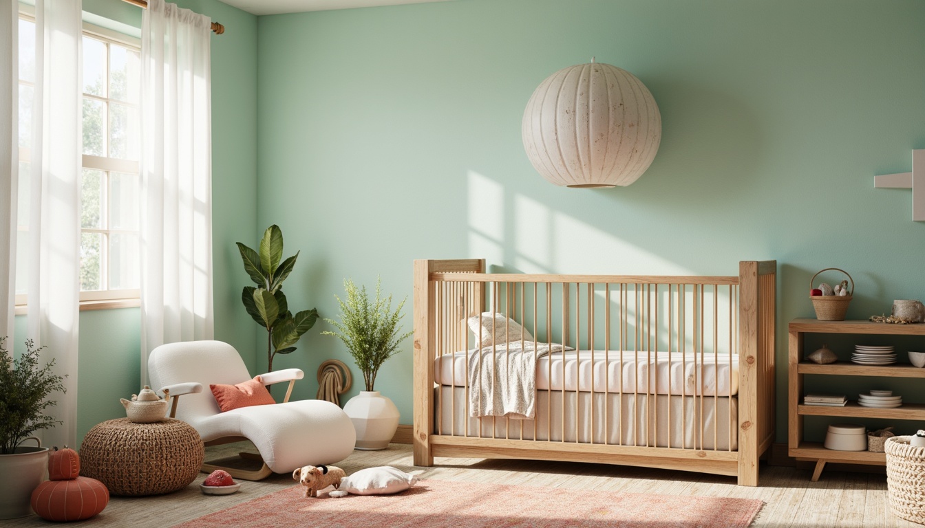 Prompt: Whimsical coastal nursery, soft ocean breeze, calming seafoam green walls, driftwood furniture, natural woven textiles, plush coral-colored carpet, sheer white curtains, billowy cloud-shaped pillows, seashell-patterned bedding, gentle wave-inspired wallpaper, rustic wooden crib, nautical-themed decorative accents, warm beige undertones, sunny day lighting, shallow depth of field, 1/1 composition, intimate close-up view, realistic fabrics, subtle ambient occlusion.