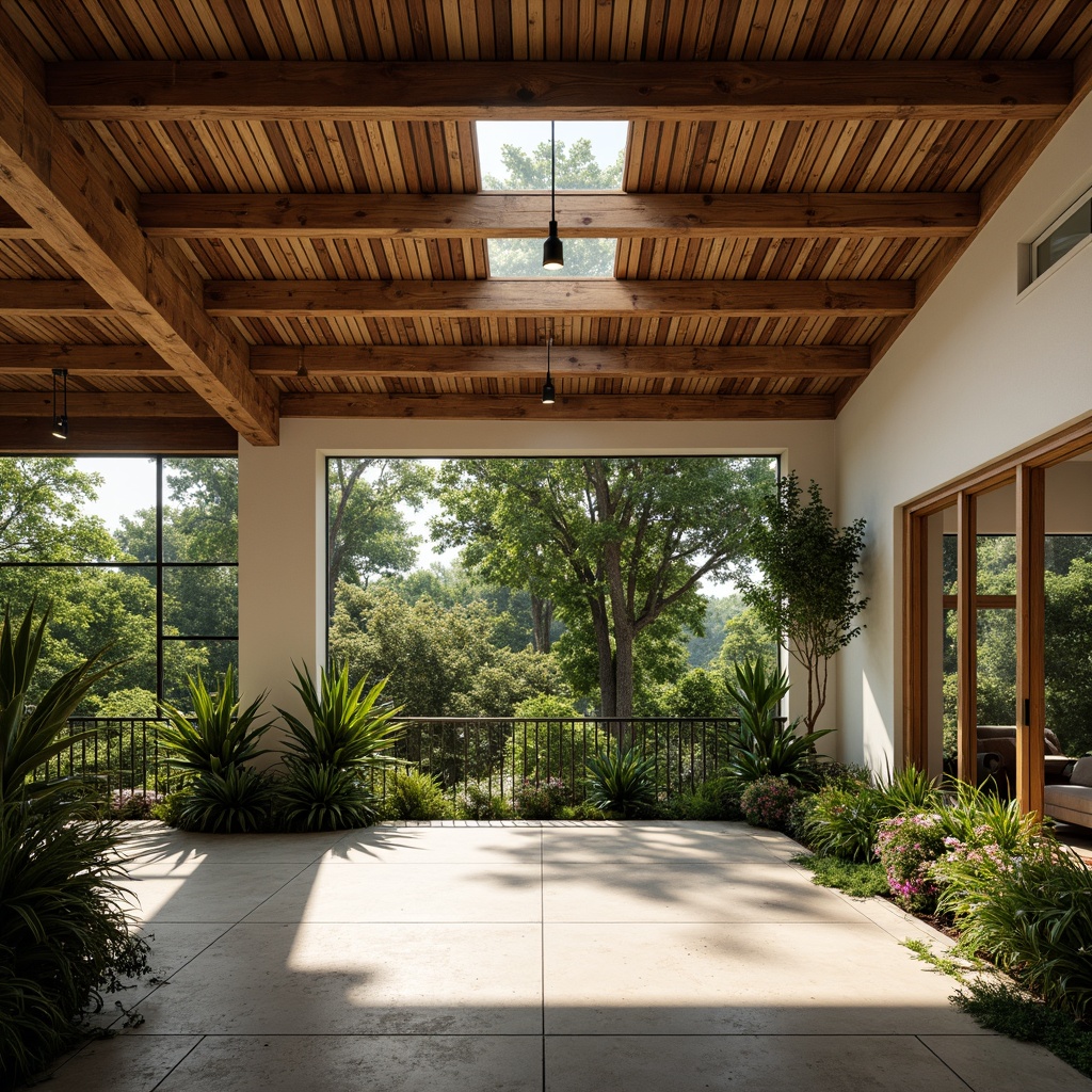 Prompt: Tropical family garage, natural ventilation systems, wooden louvers, metal grilles, clerestory windows, high ceilings, exposed rafters, concrete floors, rustic wooden accents, vibrant greenery, tropical plants, warm sunny day, soft diffused lighting, shallow depth of field, 1/1 composition, realistic textures, ambient occlusion.