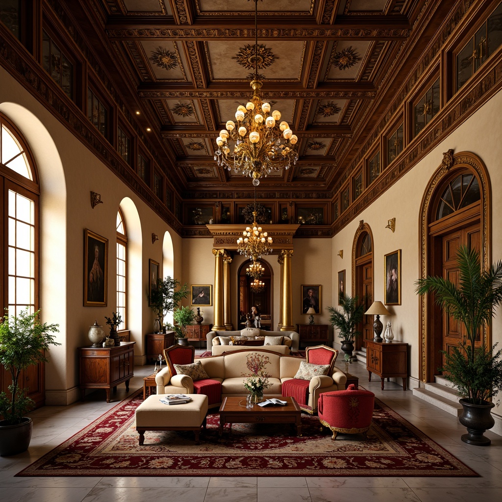 Prompt: Renaissance-style interior, ornate furnishings, intricate carvings, rich velvet fabrics, gilded accents, lavish chandeliers, marble floors, high ceilings, grand archways, symmetrical composition, warm golden lighting, soft focus, shallow depth of field, 1/2 composition, atmospheric perspective, realistic textures, ambient occlusion, elegant ornateness, luxurious atmosphere.