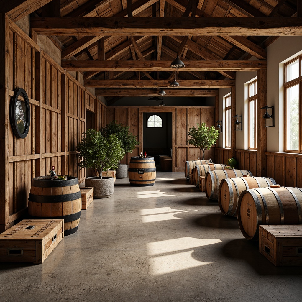 Prompt: Rustic winery interior, exposed wooden beams, industrial metal accents, reclaimed wood walls, vintage wine barrels, wooden crates, earthy tone color palette, natural stone flooring, metal pendant lighting, open ceiling concept, urban loft atmosphere, warm ambient lighting, 1/1 composition, realistic textures, high dynamic range.