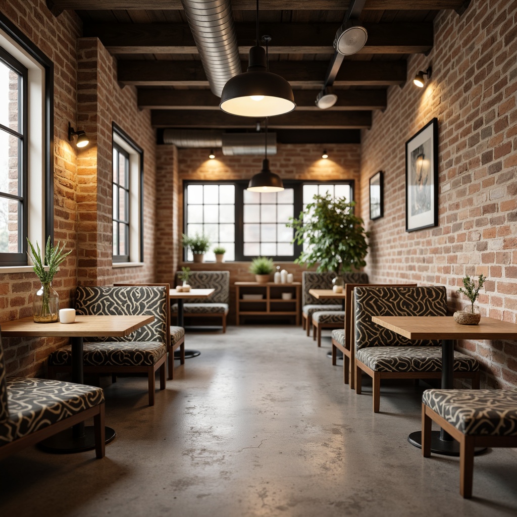 Prompt: Industrial chic breakfast nook, sleek metal lighting fixtures, exposed brick walls, polished concrete floors, minimalist wooden tables, ergonomic chairs, geometric patterned textiles, warm ambient lighting, softbox diffused light, 1/2 composition, shallow depth of field, natural materials, earthy color palette, warm beige tones, industrial metal accents, functional simplicity, cozy intimate atmosphere.