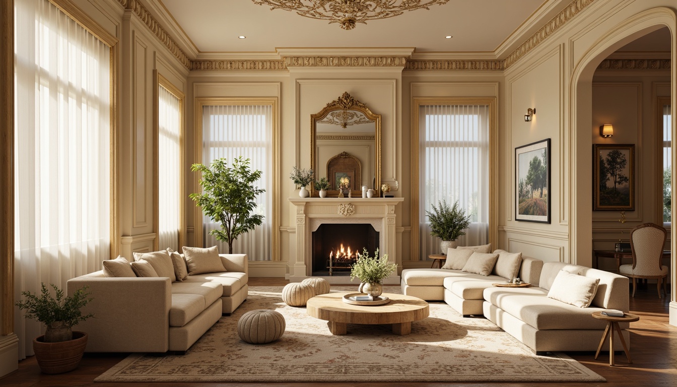 Prompt: Elegant family room, neoclassical architectural style, cream-colored walls, ornate moldings, decorative ceiling medallions, rich wood paneling, warm beige tones, subtle texture contrasts, soft golden lighting, 1/2 composition, shallow depth of field, realistic rendering, ambient occlusion, comfortable seating arrangements, plush velvet furniture, intricate carvings, classic columns, subtle patterns, elegant drapery.