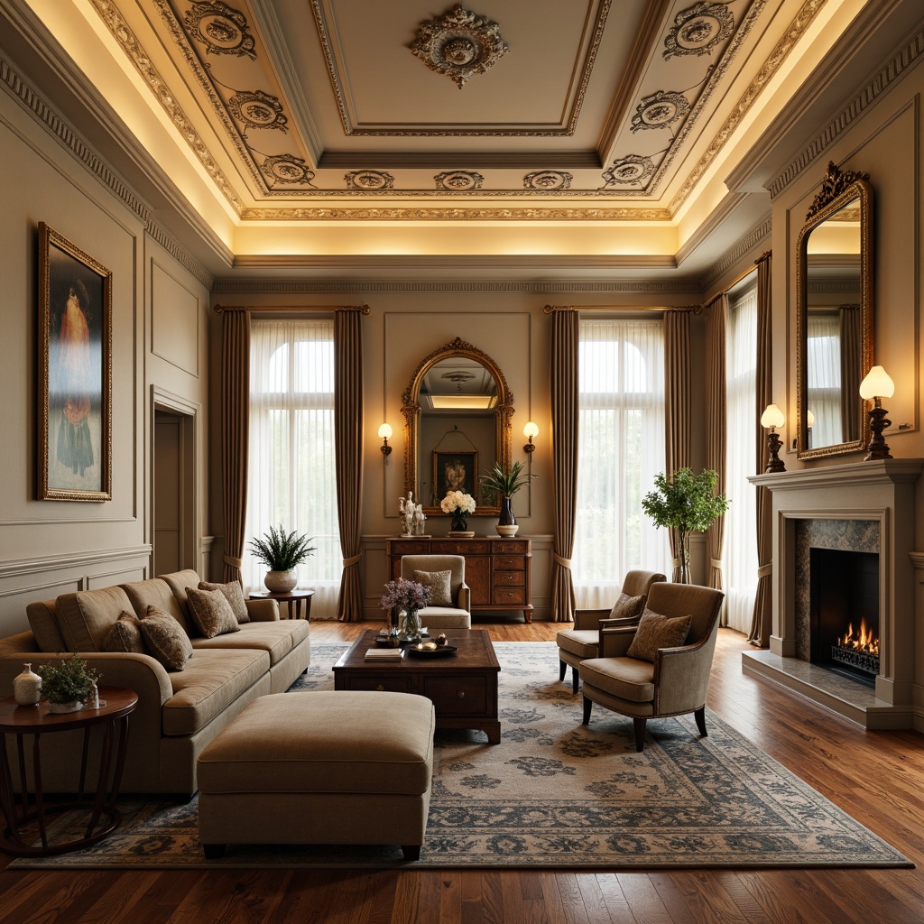 Prompt: Elegant family room, neoclassical architecture, ornate furnishings, rich velvet textiles, subtle sheen, soft golden lighting, intricate moldings, decorative ceiling medallions, carved wooden paneling, plush area rugs, classic furniture silhouettes, subtle patterned upholstery, warm beige walls, cream-colored trim, gilded accents, ornamental mirrors, floor-to-ceiling windows, natural daylight, shallow depth of field, 1/2 composition, realistic textures, ambient occlusion.